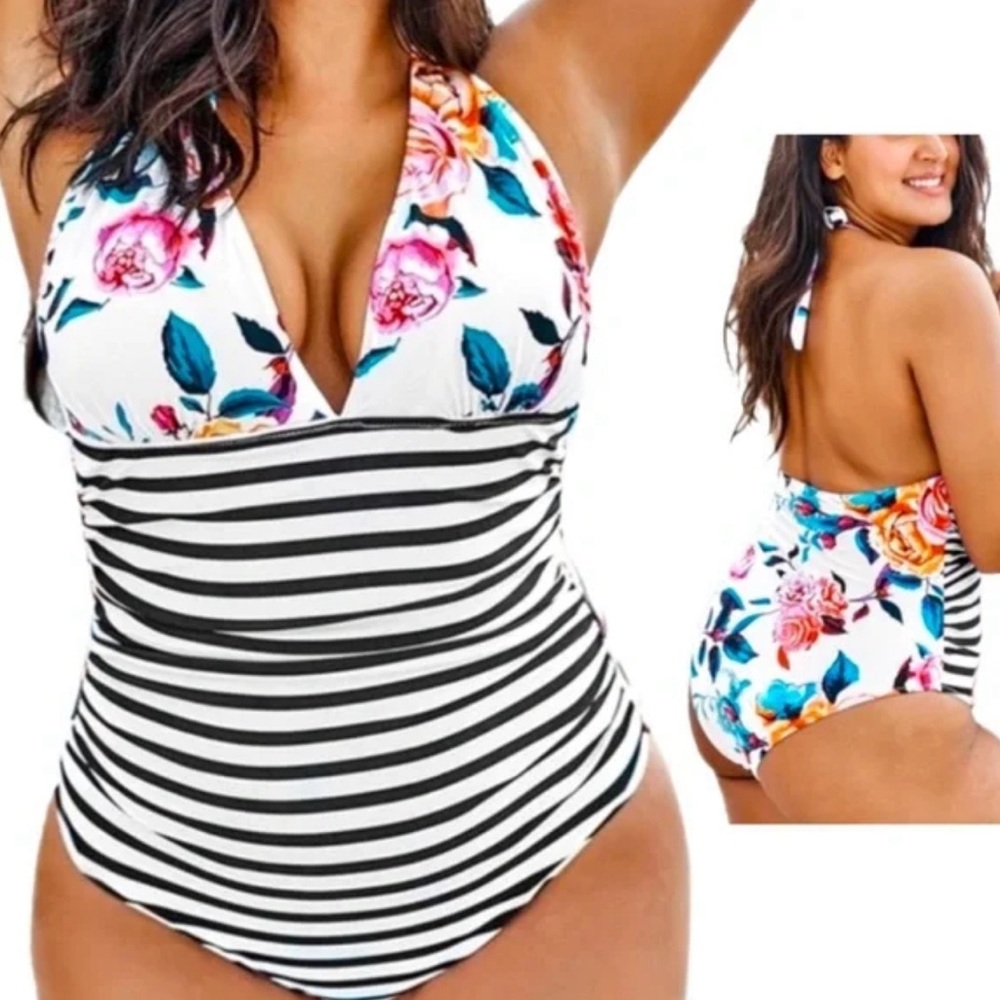 Cupshe 1X old Floral and Stripe Halter Tummy Control One Piece Swimsuit NWT